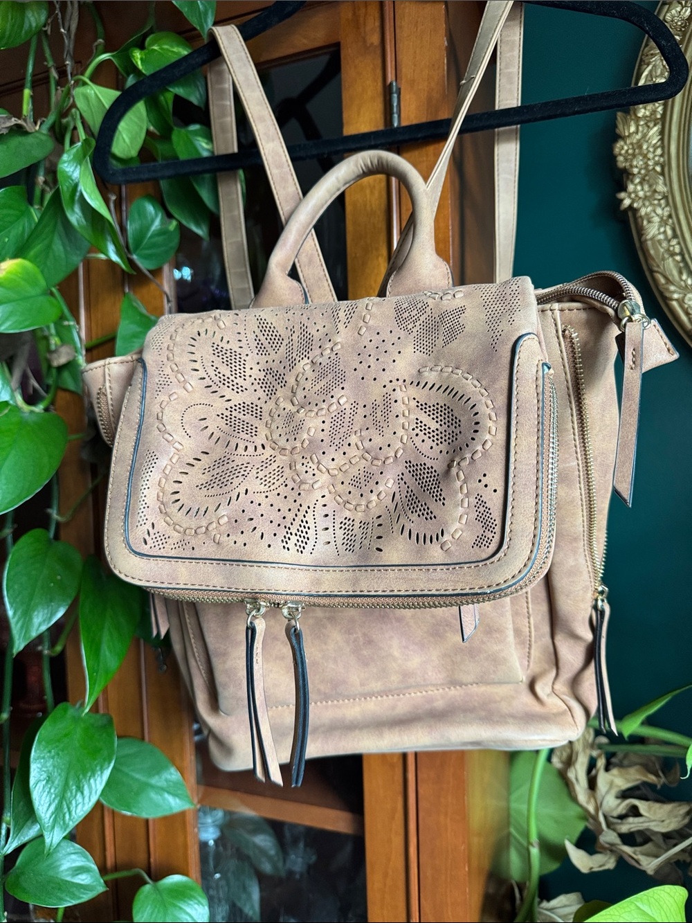 Universal Thread Tan Floral Laser-Cut Faux-Leather Backpack